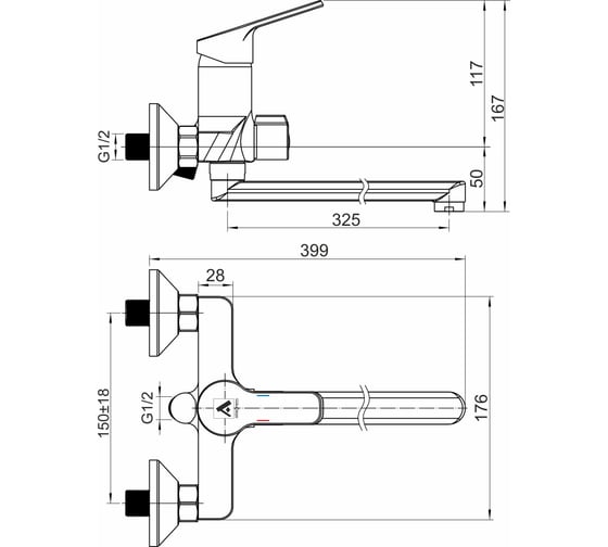 Смеситель для ванны и умывальника ARGOTECH ENDER d-35, керамбукса, L-обр. 325 мм, 44281