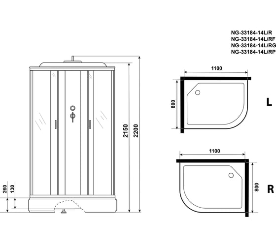 Душевая кабина NIAGARA NG-33184-14LG (1100x800x2150 мм), средний поддон (26 см), стекло матовое 331844LG