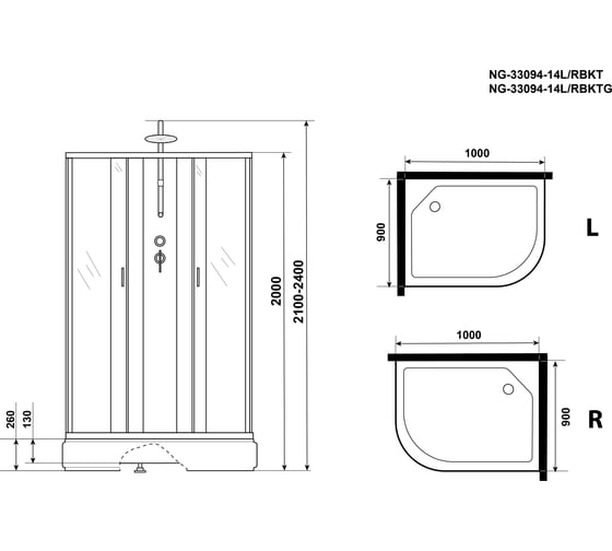 Душевая кабина NIAGARA NG-33094-14LBKT (1000x900x2100-2400 мм), средний поддон (26 см), стекло матовое 330944LBKT