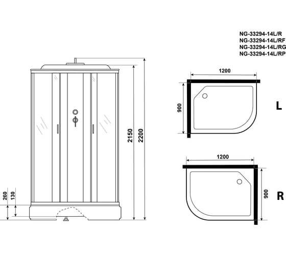 Душевая кабина NIAGARA NG-33294-14LG (1200x900x2150 мм), средний поддон (26 см), стекло матовое 332944LG