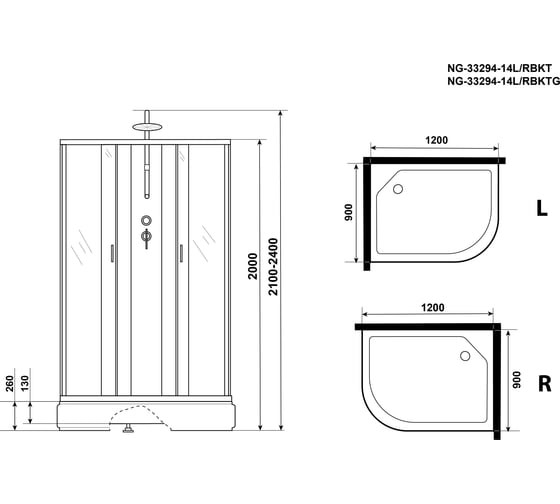 Душевая кабина NIAGARA NG-33294-14LBKT (1200x900x2100-2400 мм), средний поддон (26 см), стекло матовое 332944LBKT