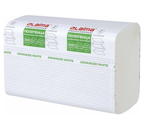 Бумажные полотенца ЛАЙМА H2 ADVANCED WHITE 200 шт, 2 слоя, белые, 240х215 мм, 20 пачек, Z-сложение 111338