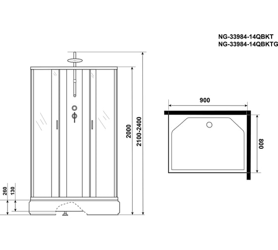 Душевая кабина NIAGARA NG-33984-14QBKT (900x800x2100-2400 мм), средний поддон (26 см), стекло матовое 339844QBKT