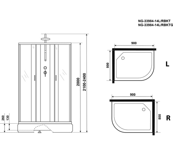 Душевая кабина NIAGARA NG-33984-14LBKT (900x800x2100-2400 мм), средний поддон (26 см), стекло матовое 339844LBKT