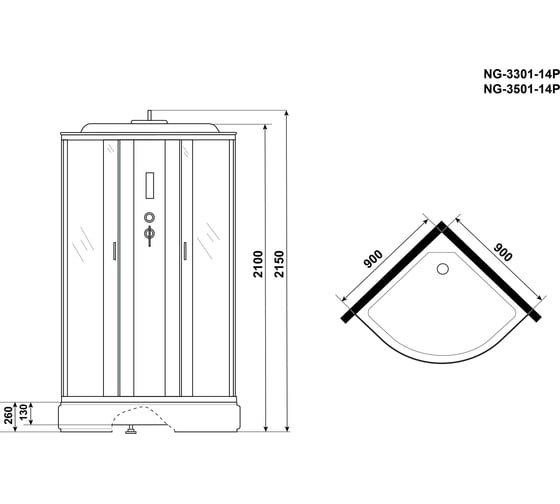 Душевая кабина NIAGARA NG-3501-14P (900x900x2150 мм), средний поддон (26 см), стекло тонированное 35011434P