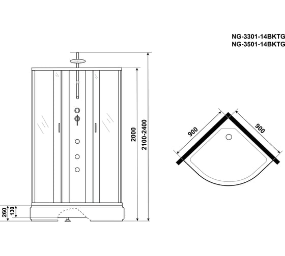 Душевая кабина NIAGARA NG-3501-14BKTG (900x900x2100-2400 мм), средний поддон (26 см), стекло тонированное 35011434BKTG