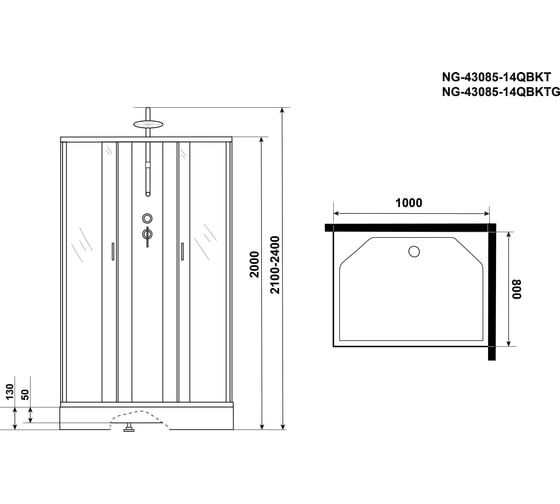 Душевая кабина NIAGARA NG-43085-14QBKTG (1000x800x2100-2400 мм), низкий поддон (13 см), стекло матовое 430853QBKTG