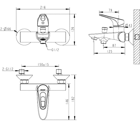 Смеситель для ванны Bravat DROP-D короткий нос F648162C-01 00-00005743