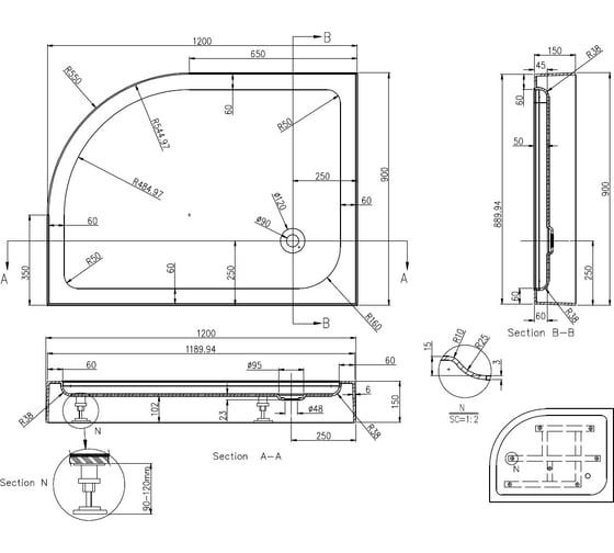 Поддон Azario P2912 L 900х1200х150 к VICTORIA 2131-1-L, левое открывание кабины 00043121