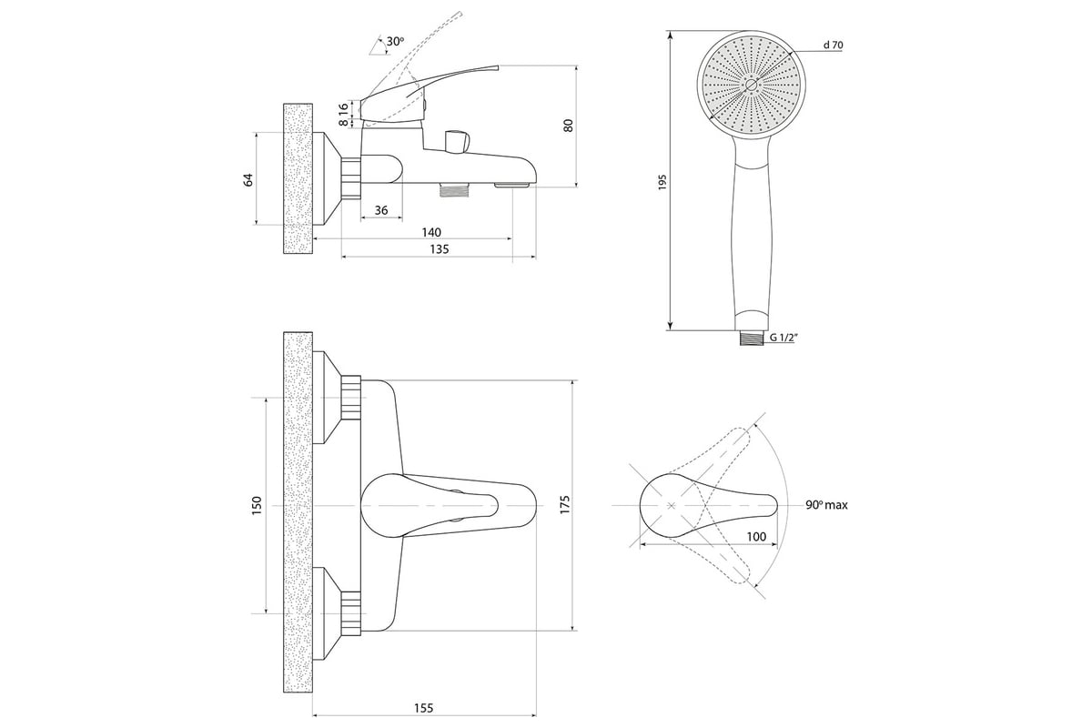 Смеситель для ванны СЛАВЕН с коротким литым изливом, переключатель ...