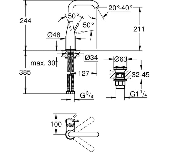 Смеситель для раковины GROHE Essence с донным клапаном, L-Size, хром 24182001