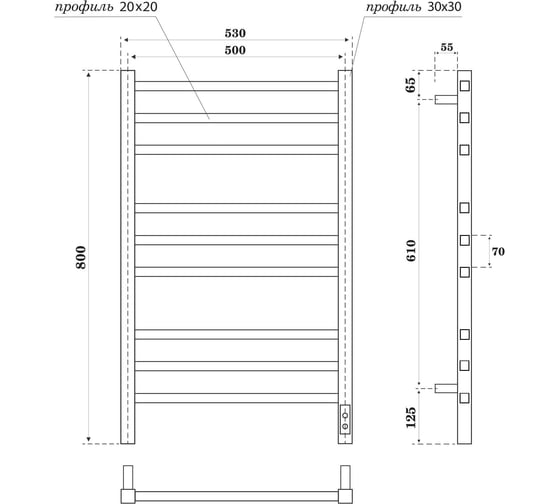 Полотенцесушитель электрический Point Вега П9 500x800, диммер справа, графит блеск PN71858GB