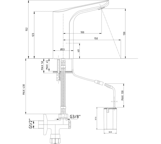 Смеситель для раковины E.C.A. 108108051EX LUNA электронный 130, 6 V 00000071241