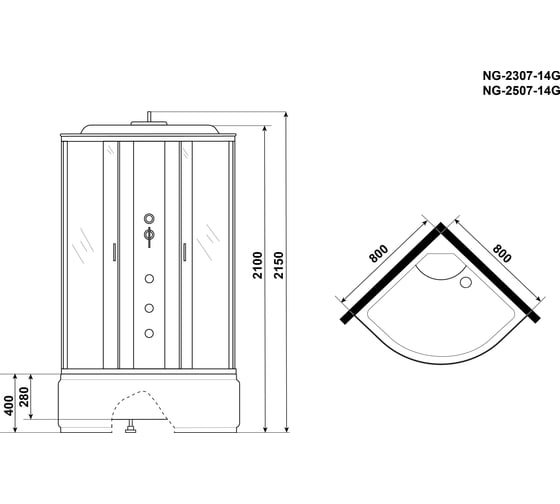 Душевая кабина NIAGARA NG-2507-14G, 800x800x2150 мм, высокий поддон 40 см, стекло тонированное, 4 места 25071434G