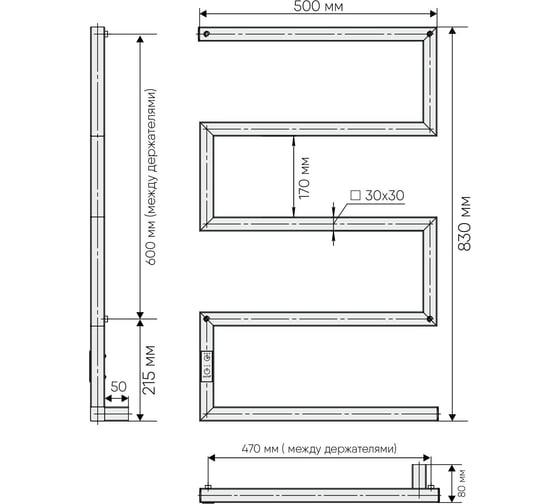 Электрический полотенцесушитель INDIGO Sparta (electro) 80/50, таймер, скрытый провод справа, Graphite Metallic DGS80-50GFMRt