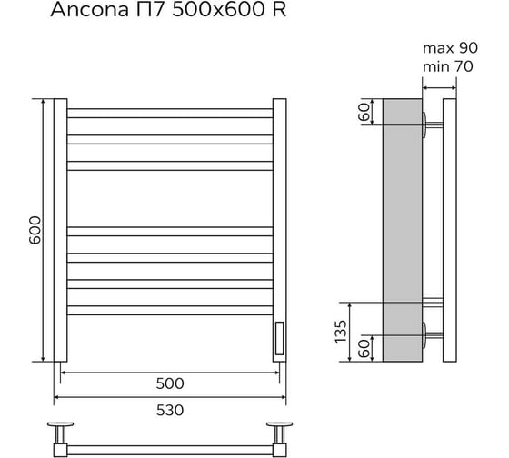 Электрический полотенцесушитель Azario ANCONA 500/600, R, белый, 7 квадратных перекладин 00088197
