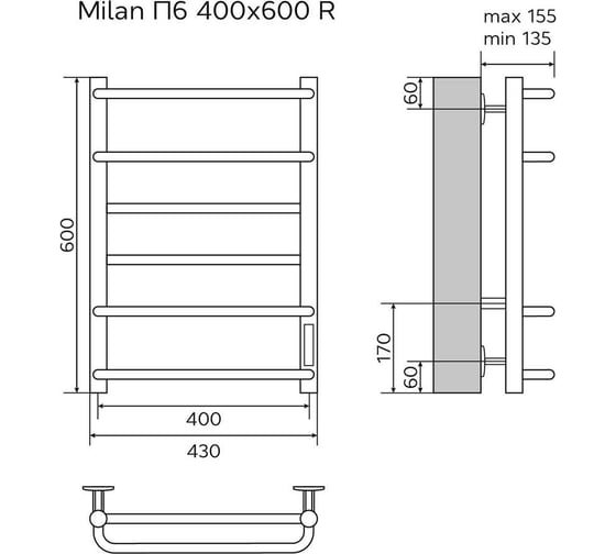 Электрический полотенцесушитель Azario MILAN 400/600, R, 6 перекладин, белый 00088239