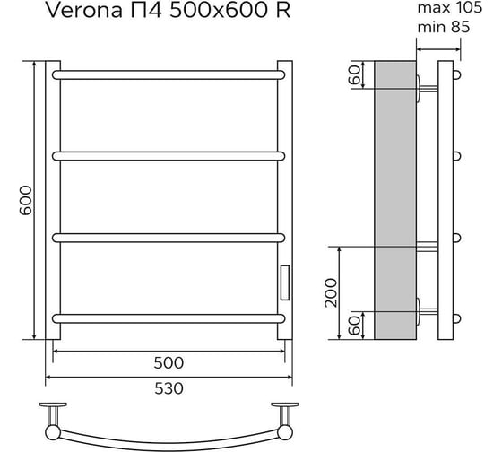 Электрический полотенцесушитель Azario VERONA 500/600, R, 4 перекладины 00088207