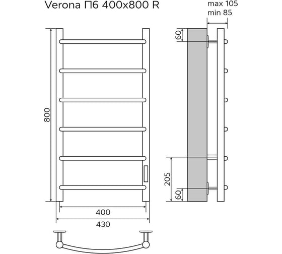 Электрический полотенцесушитель Azario VERONA 400/800, R, 6 перекладин 00088213