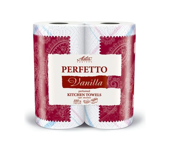 Полотенца ASTER Perfetto Vanilla бумажные, ароматизированные 2 рулона, 3 слоя. белые с рисунком 15 шт. 8002904001086