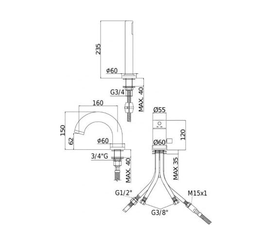 Смеситель на борт ванны Paffoni на 3 отверстия, хром LIGHT LIG047CR 00258715