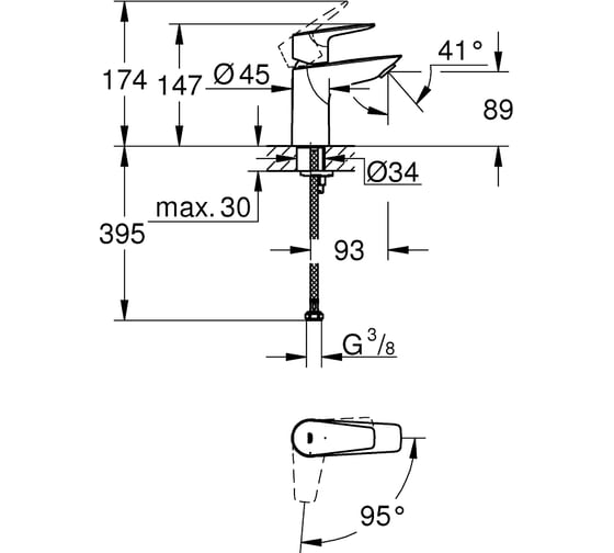 Смеситель для раковины GROHE BauEdge без донного клапана, S-Size, хром 24193001