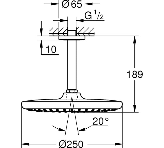 Верхний душ Grohe Tempesta 250, круглый, низ-хром, верх-белый, + душевой кронштейн потолочный 142 мм, хром 26669000