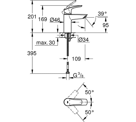 Смеситель для раковины GROHE Eurosmart без донного клапана, S-Size, матовый черный 324672433