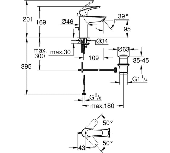 Смеситель для раковины GROHE Eurosmart с донным клапаном, S-Size, матовый черный 332652433