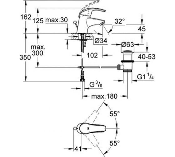 Смеситель для раковины GROHE Eurosmart с донным клапаном, хром 32925001