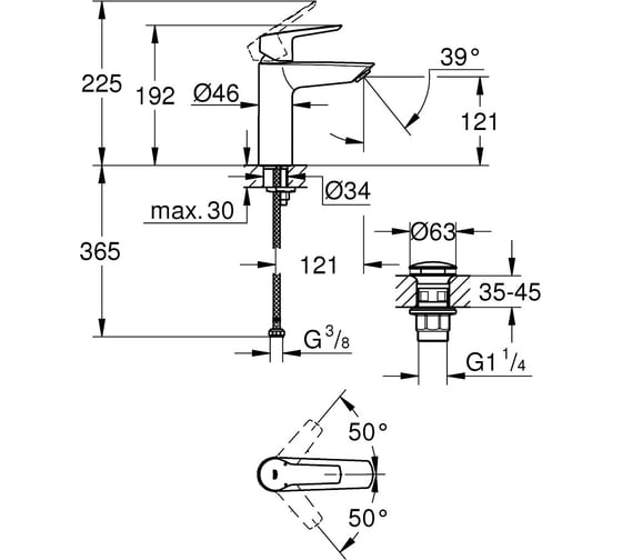 Смеситель для раковины GROHE Start с донным клапаном, M-Size, матовый черный 235752432