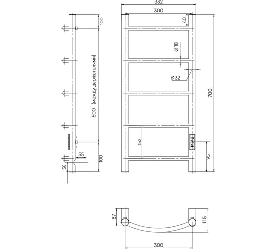 Полотенцесушитель INDIGO Canto Plus б/п (electro) 70/30 (таймер, скр.монтаж, унив.подкл.R/L, Черный муар) MP-LCPLE70-30BRRt