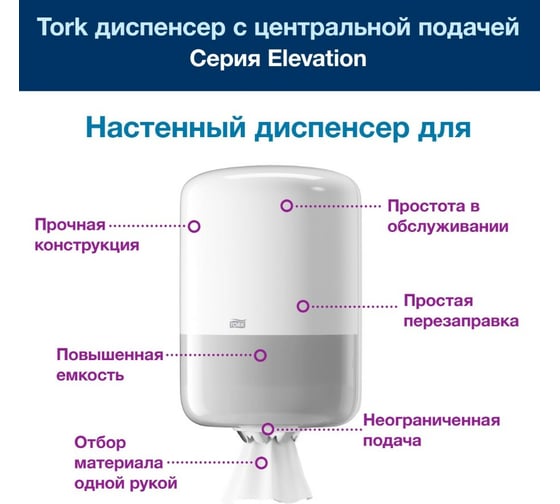 Диспенсер для полотенец TORK система M2 Elevation с центральной вытяжкой, белый 600302