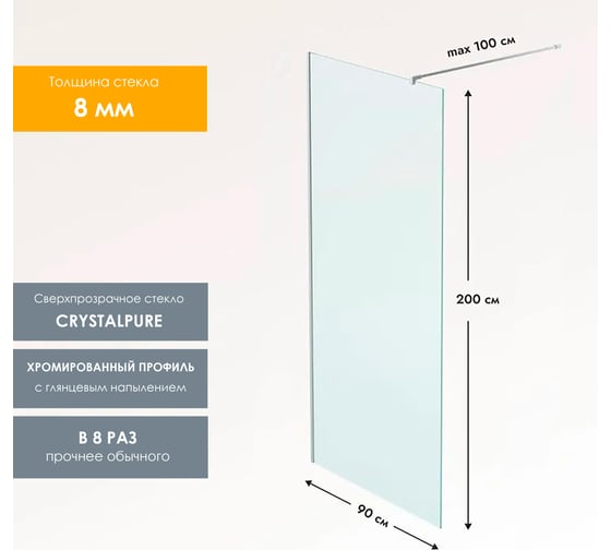 Душевая перегородка, ограждение Reflexion home Reflexion Walk in 200x90см, прозрачное закаленное стекло 8мм, хромированный профиль RX20090CCR-18