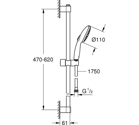 Душевой гарнитур GROHE Tempesta 110 2jet со штангой 60 см, матовый черный 269152433
