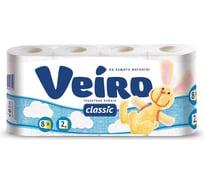 Бумага туалетная VEIRO бытовая, спайка 8 шт., 2-х слойная 8х17,5 м Classic белая 123211
