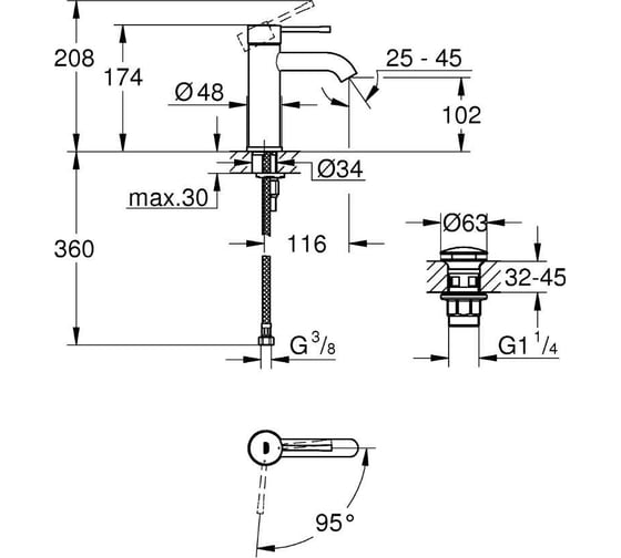 Смеситель для раковины Grohe Essence S-Size с нажимным донным клапаном, хром 23797001