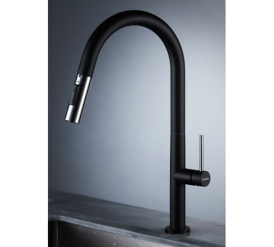 Смеситель для кухни SHIMIZU с выдвижным изливом и режимом душ Lux Black High-S pull smz 1006566