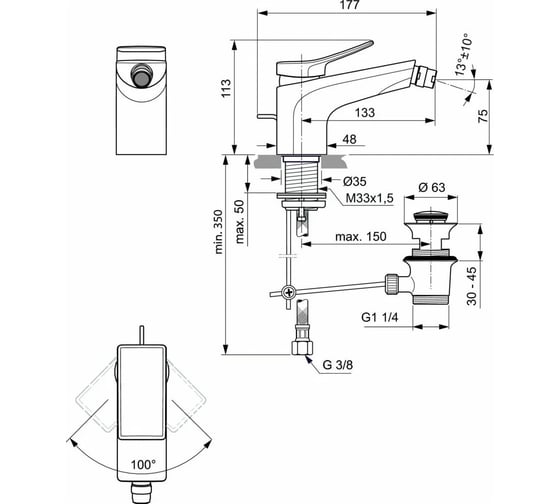 Однорукоятковый смеситель для биде с донным клапаном Ideal Standard BC760AA CONCA, хром 00271870