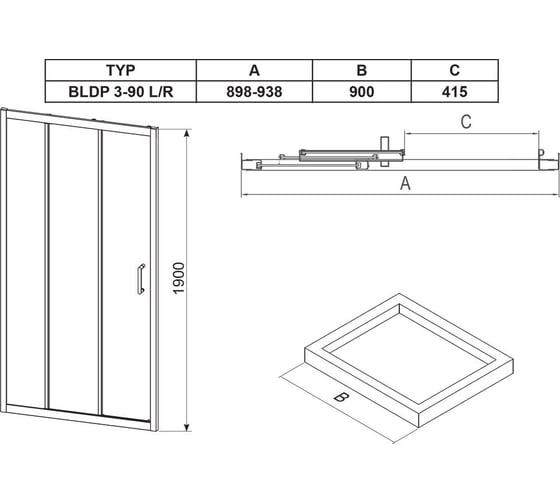 Душевая дверь Ravak Blix BLDP3-90 блестящий профиль, прозрачное стекло X00H70C00Z1