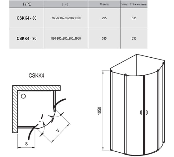 Душевой уголок четверть круга Ravak Chrome CSKK4 80x80 см, блестящий профиль, прозрачное стекло 3Q140U00Z1