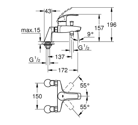 Однорычажный смеситель для ванны GROHE Eurosmart вертикальный монтаж 33303002
