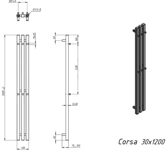 Водяной полотенцесушитель Grota Corsa 130x1200 черный Corsa 130x1200 N RAL9005