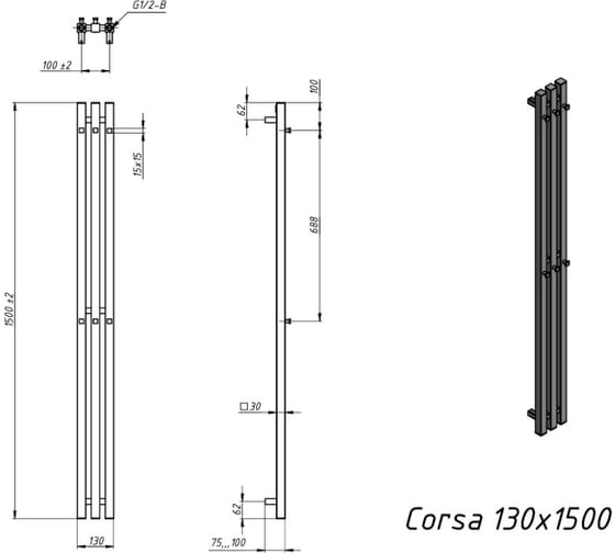 Водяной полотенцесушитель Grota Corsa 130x1500 хром глянцевый Corsa 130x1500 NP