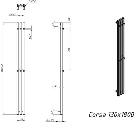 Водяной полотенцесушитель Grota Corsa 130x1800 черный Corsa 130x1800 N RAL9005