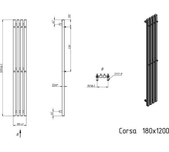 Водяной полотенцесушитель Grota Corsa 180x1200 хром глянцевый Corsa 180x1200 NP