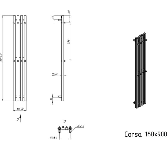 Водяной полотенцесушитель Grota Corsa 180x900 черный Corsa 180x900 N RAL9005