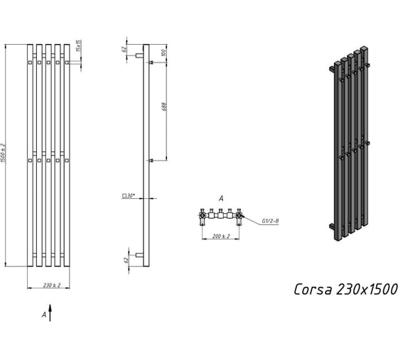 Водяной полотенцесушитель Grota Corsa 230x1500 хром глянцевый Corsa 230x1500 NP