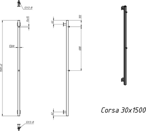 Водяной полотенцесушитель Grota Corsa 30x1500 хром глянцевый Corsa 30x1500 NP