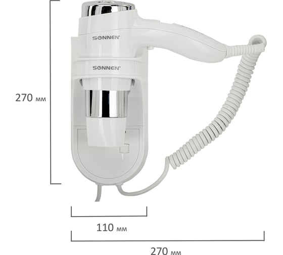 Фен для волос настенный SONNEN hd-2112 extra power, 1600 вт, 2 скорости, белый/хром, 608480